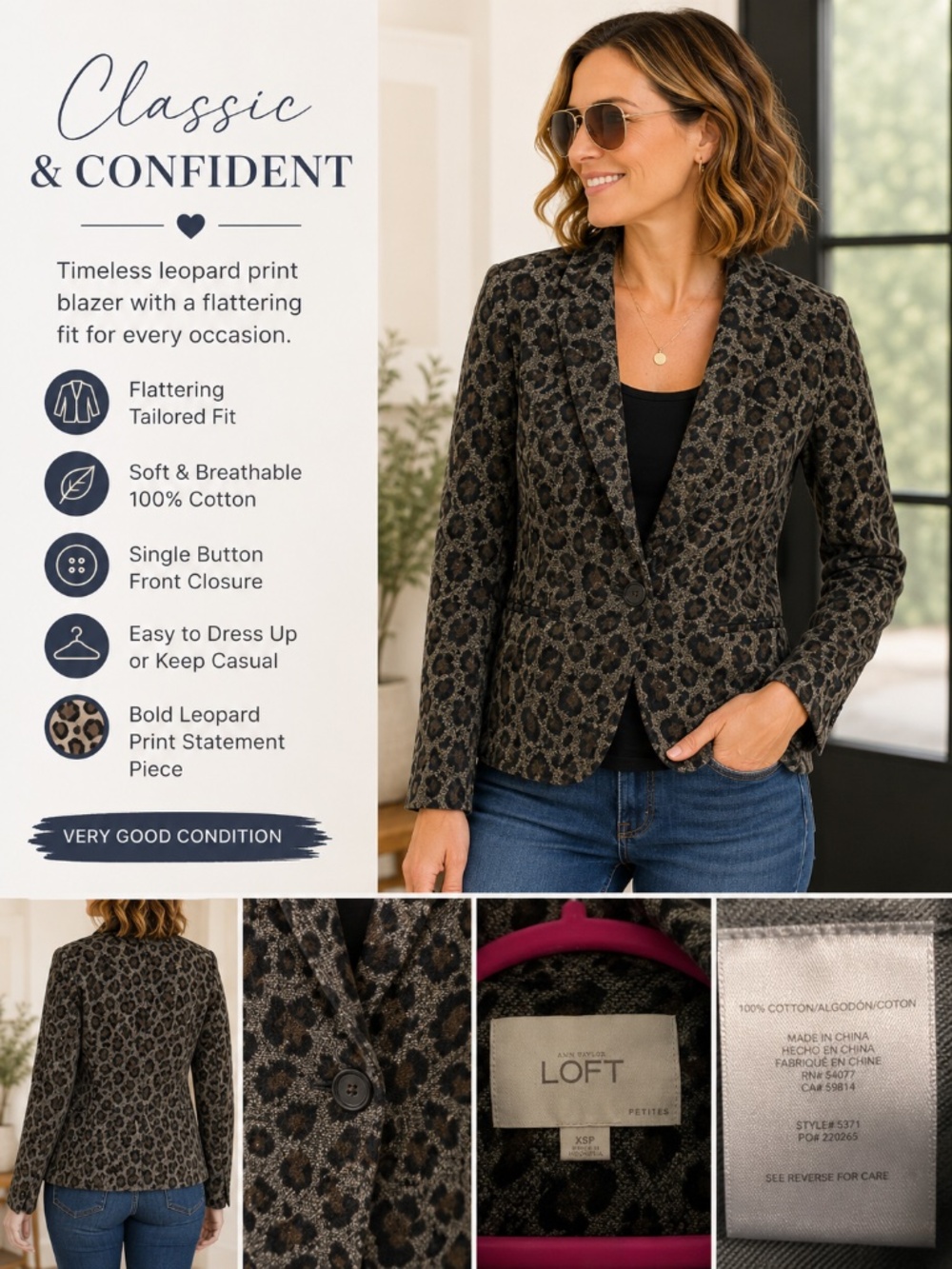 LOFT Petites Leopard Print Blazer Jacket Gray Brown Black Size XSP